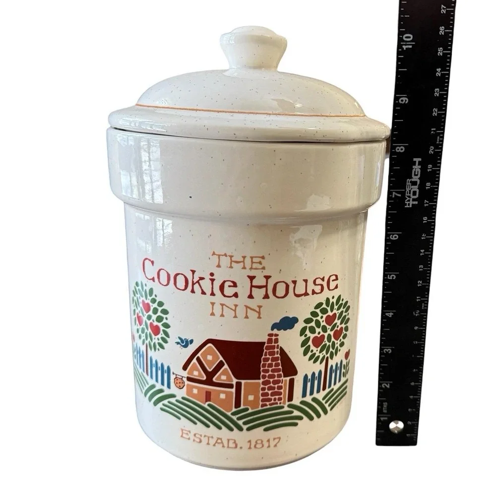 Vintage Treasure Craft Cookie House Inn Cookie Jar Canister USA Speckled Pottery